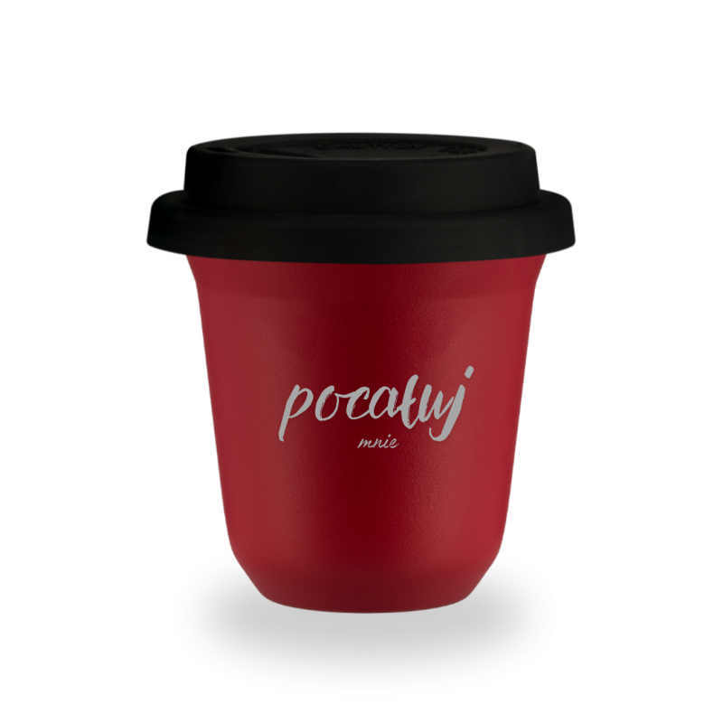 Kubek 240 ml CZERWONY "Pocałuj mnie", z pokrywką czarną